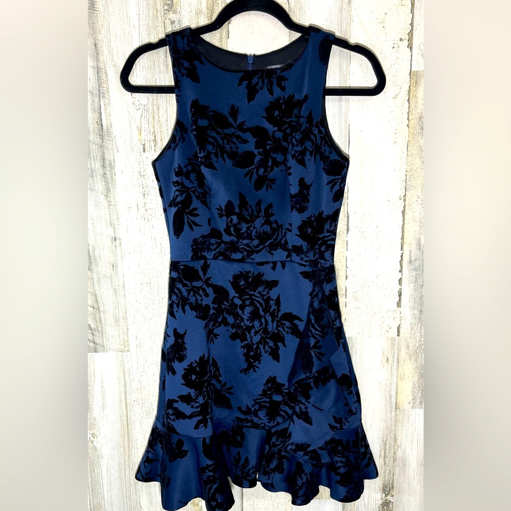 Aqua Navy A-Line Dress Black Velvet Florals Ruffle  Sleeveless Size Small